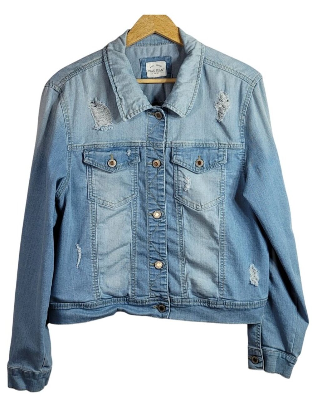 Wax Jean Distressed Denim Jacket Blue XL Button Pockets Light Wash Rodeo Western